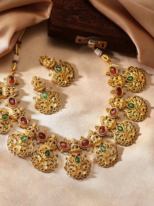 Rubans 24K Gold Plated Temple Necklace Set With Studded Stone Design.