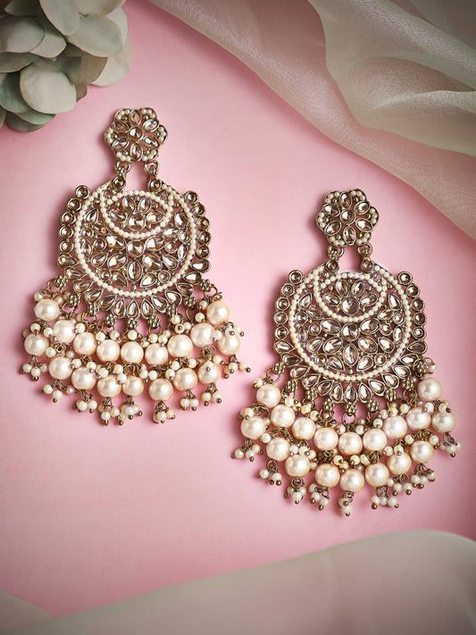 Rubans Gold Plated Handcrafted AD Studded & Gold Beads Chandbali Earrings