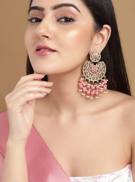 Rubans Gold Plated Handcrafted AD Studded & Pink Beads Chandbali Earrings