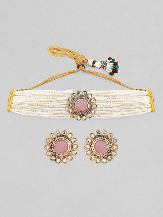 Rubans Gold Plated Kundan Choker Set With White Beads And Pink Stones