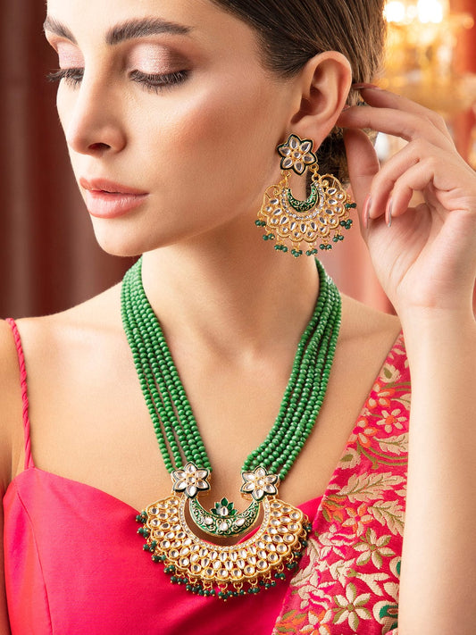 Rubans Gold Plated Kundan Necklace Set With Green Beads Design