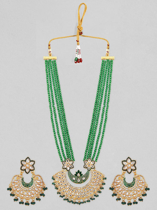 Rubans Gold Plated Kundan Necklace Set With Green Beads Design