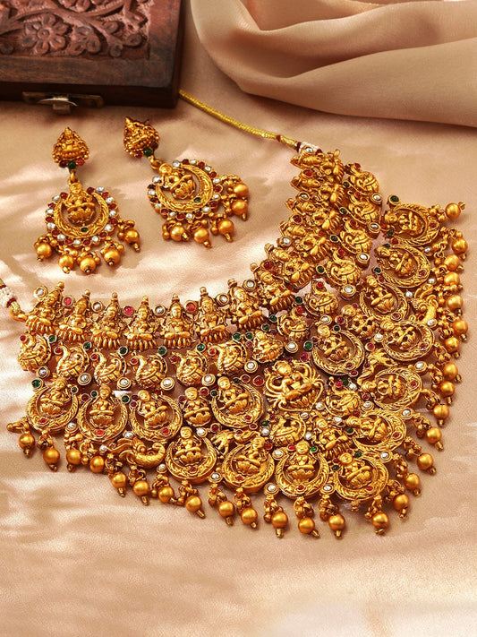 Rubans Gold-Plated Red & Green Stone-Studded Temple Jewellery-Set