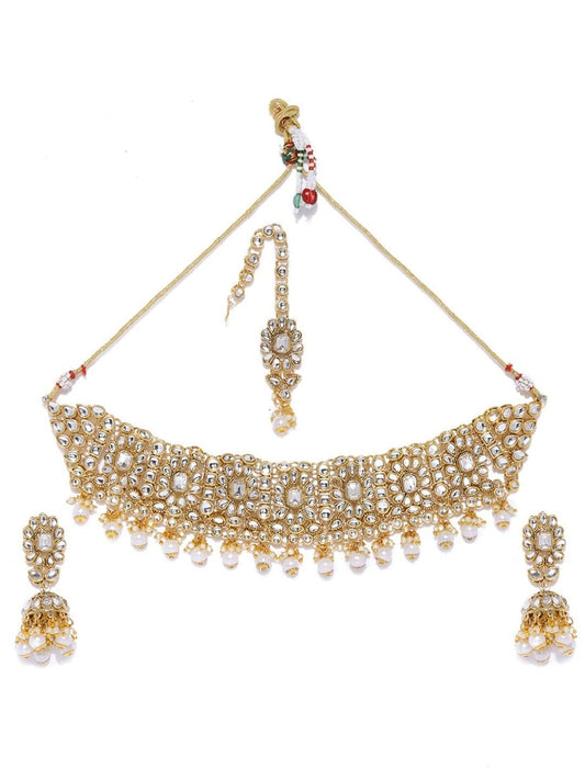 Rubans Gold-Plated White AD-Studded & Pearl Beaded Handcrafted Jewellery Set