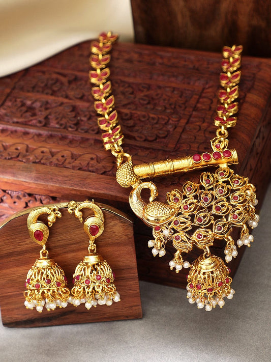 Rubans Gold Toned Peacock Embellished Necklace Set