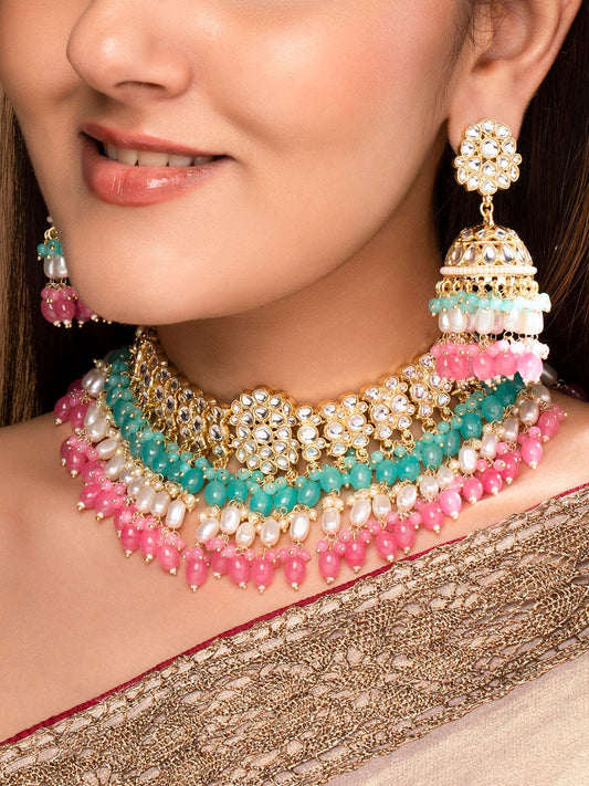 Rubans Kundan Necklace Set With Pink And Green Beads And Jhumki Earrings.