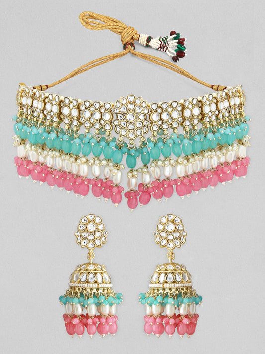 Rubans Kundan Necklace Set With Pink And Green Beads And Jhumki Earrings.