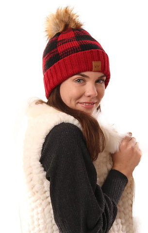 HATS COZY KNIT FAUX FUR POM POM FOLDOVER BUFFALO PLAID RED AND BLACK WARM WINTER BEANIE