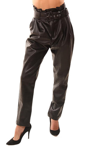 DO AND BE PANTALON EN SIMILI CUIR TAILLE HAUTE CEINTURE COURT CHEVILLE HABILLÉ PANTALON NOIR