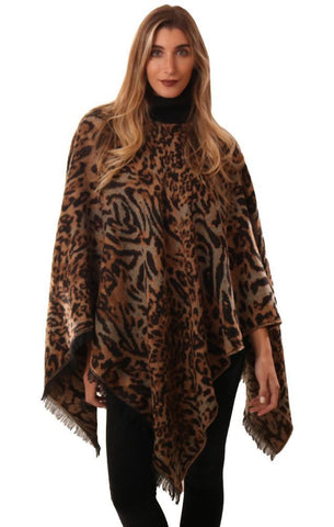 PONCHOS COL ROULÉ IMPRIMÉ ANIMAL FRANGE OURLET PULL PONCHO CHÂLE