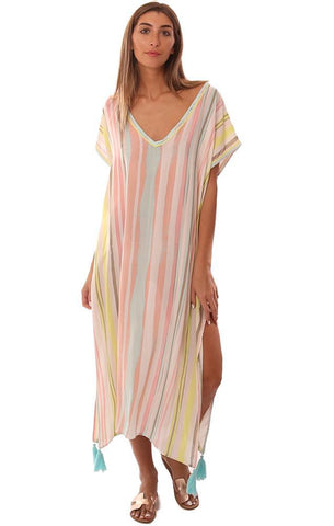 ROBES VINTAGE HAVANA COL V GLAND GARNITURE RAYÉE PLAGE COVER UP ROBE MAXI