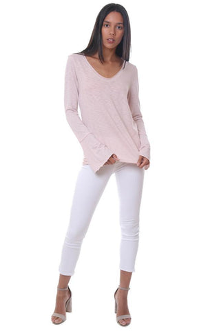 MICHAEL STARS TOPS SOFT V NECK LONG BELL SLEEVE RELAXED PINK T-SHIRT