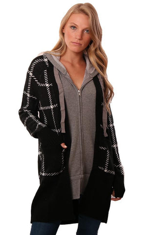 CENTRAL PARK WEST CARDIGANS GRIS HOODIE DOUBLURE NOIR CARREAUX OUVERT DEVANT TRICOT CARDI