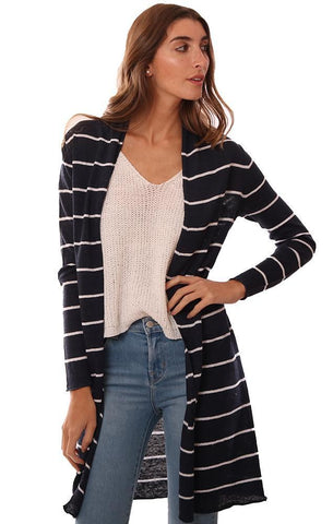 IN CASHMERE CARDIGANS STRIPED OPEN FRONT NAVY LINEN CARDI