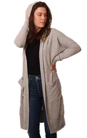 LA MADE CARDIGANS MANCHES LONGUES À CAPUCHE OUVERT SUR LE DEVANT DOUX LONG CARDI GRIS