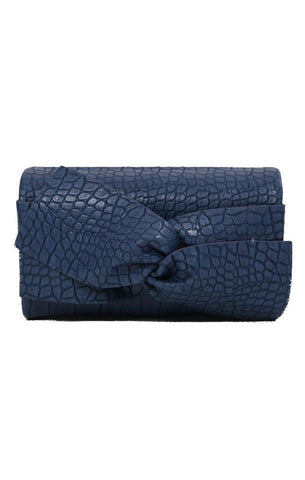 HANDBAGS BOW FRONT FAUX CROC SKIN MAGNETIC CLOSURE BLUE CHIC MINI CLUTCH