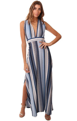 VERONICA M ROBES SANS MANCHES COL V DOS OUVERT RAYÉ CHIC MAXI ROBE