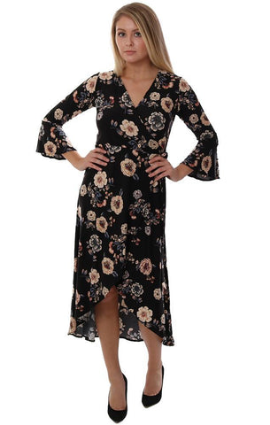 VERONICA M ROBES COL V CLOCHE MANCHES IMPRIMÉ FLORAL NOIR FLOWY WRAP ROBE MIDI