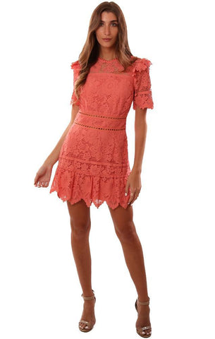 SAYLOR DRESSES OPEN BACK RUFFLE DETAIL LACE CORAL MINI DRESS