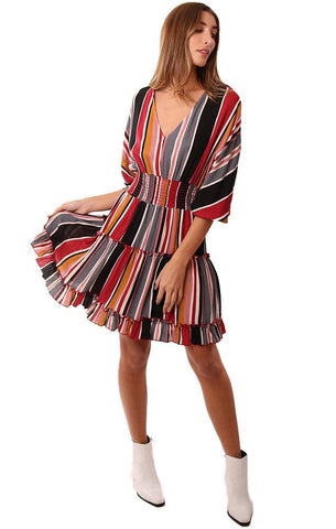 ROBES COL V TAILLE SMOCKÉE BAS À VOLANTS MINI ROBE RAYÉE