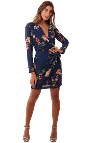 YUMI KIM ROBES COL V MANCHES LONGUES Cravate À LA TAILLE IMPRIMÉ FLEURI MARINE MINI ROBE PORTEFEUILLE