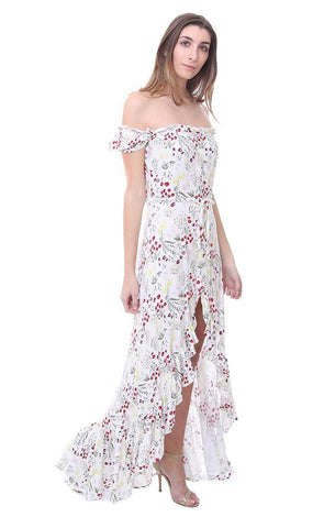 Robe longue de printemps boutonnée à épaules dénudées et à volants floraux fendue sur le devant