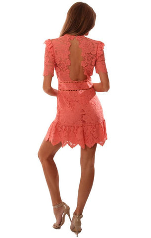 SAYLOR DRESSES OPEN BACK RUFFLE DETAIL LACE CORAL MINI DRESS