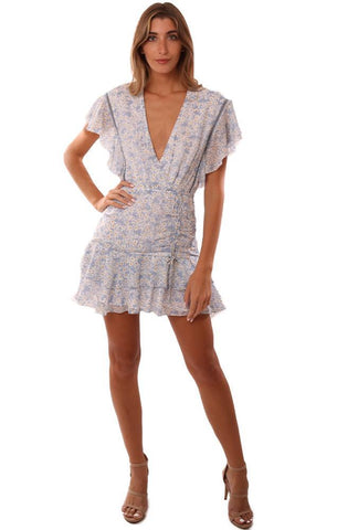 SAYLOR ROBES MINI ROBE BLEUE À VOLANTS ET COL EN V IMPRIMÉ FLORAL