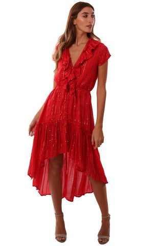 ROBE D'ÉTÉ ROBES À VOLANTS COL EN V MANCHES COURTES BOUTONNÉES HI LOW ROBE MIDI ROUGE