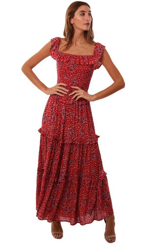 SKYLAR MADISON ROBES ROBE MAXI ROUGE À VOLANTS ET IMPRIMÉ FLORAL