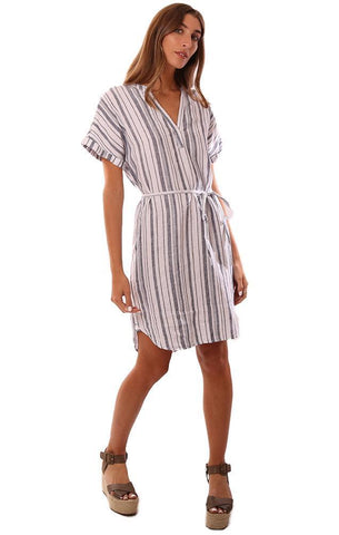 MICHAEL STARS DRESSES CUFFED SHORT SLEEVE V NECK BEACH STRIPED LINEN CAFTAN