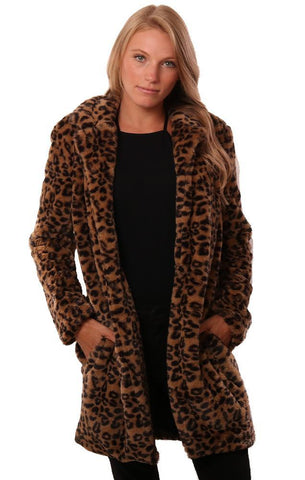 Central Park West Jackets Cheetah Printed Long Sleeve Faux Fur Clasp Front Jacket Coat