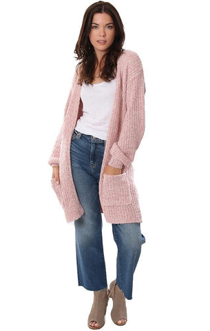 BB DAKOTA CARDIGANS OPEN FRONT LONG KNIT PINK COZY POCKET CARDI