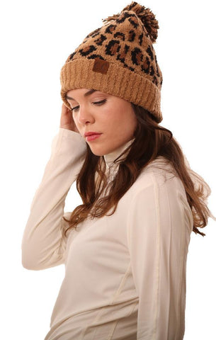 COZY KNIT POM POM FOLDOVER LEOPARD PRINT TAN WARM WINTER BEANIE