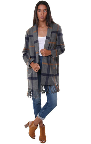 BB Dakota Vestes Manteau d'automne style blazer à carreaux et ourlet frangé