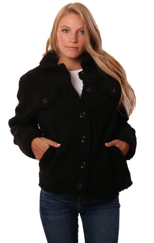 Central Park West Jackets Black Button Up Cozy Sherpa Fall Coat
