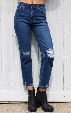 JEAN EN DENIM NOIR TAILLE HAUTE, JAMBE DROITE USÉE