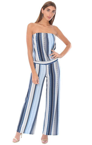 VERONICA M JUMPSUITS STRAPLESS DROP WAIST STRIPED LONG WIDE LEG BLUE CHIC JUMPSUIT