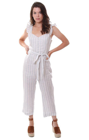 HEARTLOOM JUMPSUITS STRIPED RUFFLE SLEEVE BUTTON FRONT CROP CUFFED JUMPER