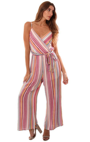 JUMPSUITS SLEEVELESS CROSS FRONT V NECK WRAP TIE WAIST STRIPED WIDE LEG JUMPSUIT