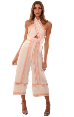 AMANDA UPRICHARD JUMPSUITS HALTER NECK CROPPED WIDE LEG STRIPED JUMPSUIT