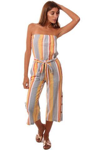 VINTAGE HAVANA JUMPSUITS STRAPLESS BELTED CROPPED STRIPED ROMPER