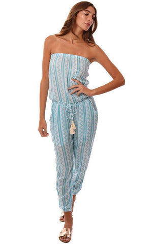 COOL CHANGE JUMPSUITS STRAPLESS TASSEL TIE WAIST TRIBAL PRINTED JOGGER BLUE JUMPSUIT