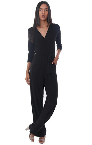 LAST TANGO JUMPSUITS 3/4 SLEEVE TIE WAIST CROSSOVER V NECK BLACK DRESSY JUMPSUIT