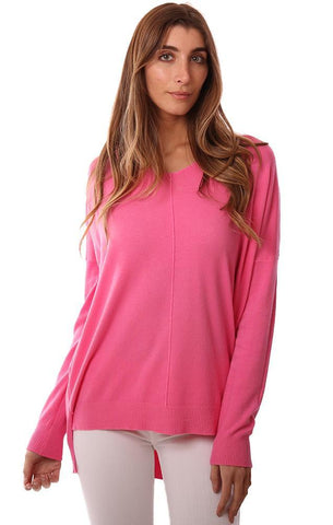 TOPS LONG SLEEVE V NECK HI LOW HOT PINK SOFT PULLOVER SWEATER