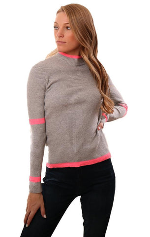 CENTRAL PARK WEST TOPS LONG SLEEVE RIBBED MOCK NECK PINK GREY KNIT TOP