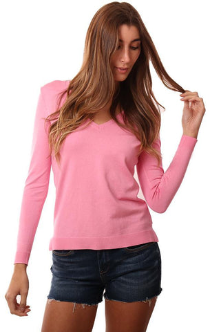 525 AMERICA TOPS V NECK LONG SLEEVE SOFT PINK SPRING KNIT TOP