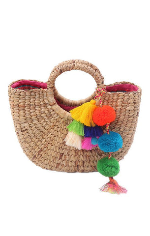 Handbags Woven Straw tassel Colorful Small Mini Round Handle Tote Bag 
