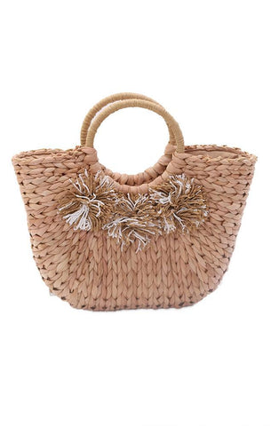 Handbags Woven Straw Mini Handbag Pom Pom Details Tote