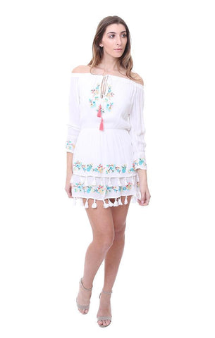 Raga Dresses Tassel Trim Tiered Embroidered Summer Off The Shoulder Mini Dress